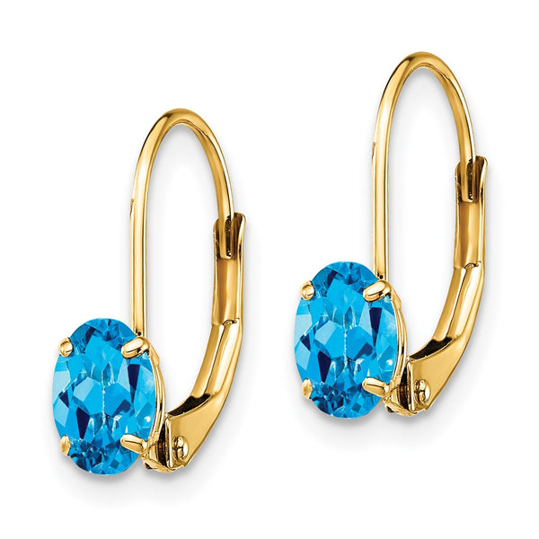 14K Gold 6x4mm Blue Topaz Leverback Earrings