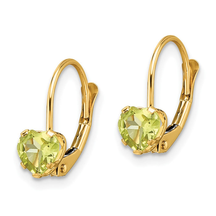 Shop Stylish 14K Gold 5mm Heart-Shaped Peridot Leverback Earrings-2