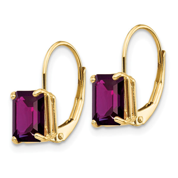 14K Gold 7x5mm Emerald Cut Amethyst Leverback Earrings