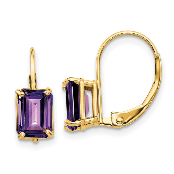 14K Gold 7x5mm Emerald Cut Amethyst Leverback Earrings