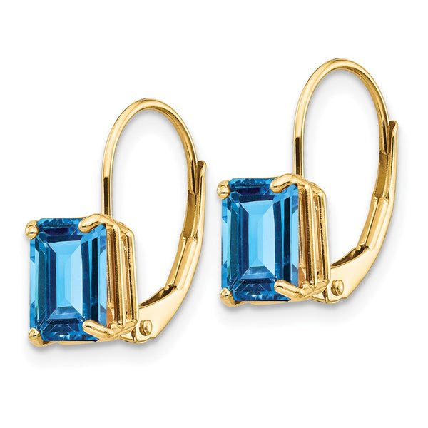 14K Gold Leverback Earrings - 7x5mm Emerald Cut Blue Topaz