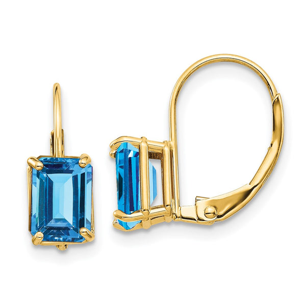 14K Gold Leverback Earrings - 7x5mm Emerald Cut Blue Topaz
