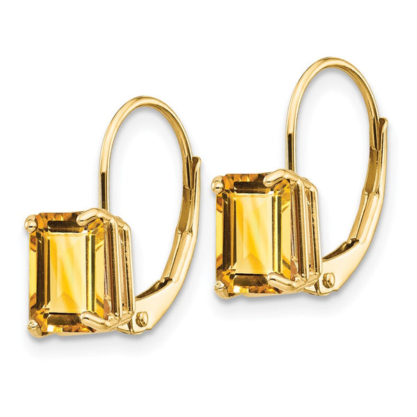 14K Gold 7x5mm Emerald Cut Citrine Leverback Earrings