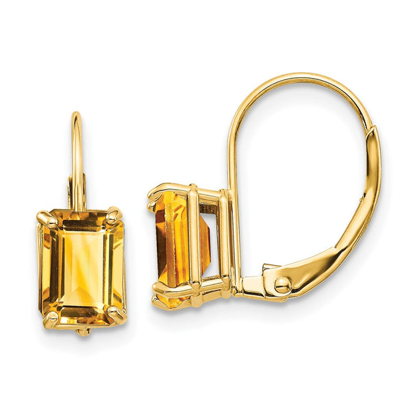 14K Gold 7x5mm Emerald Cut Citrine Leverback Earrings