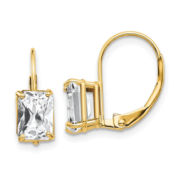14K Gold Emerald Cut CZ Leverback Earrings - 7x5mm