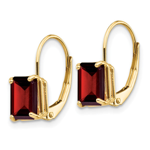 14K Gold 7x5mm Emerald Cut Garnet Leverback Earrings