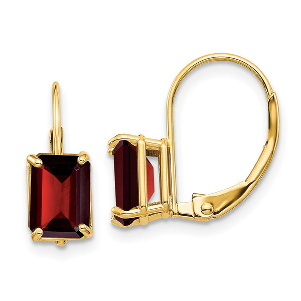 14K Gold 7x5mm Emerald Cut Garnet Leverback Earrings