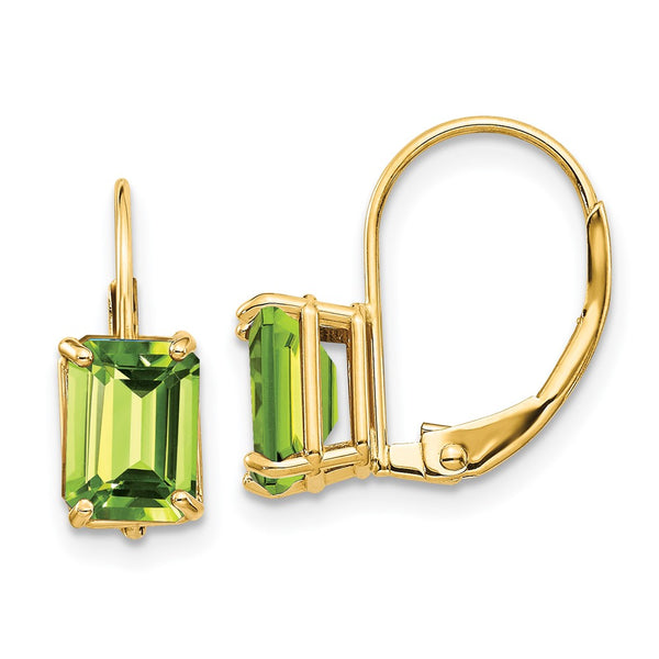 14K Gold Peridot Earrings - 7x5mm Emerald Cut