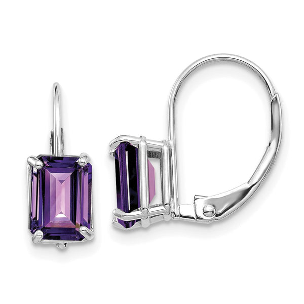 14K White Gold Leverback Earrings with 7x5mm Amethyst Gemstone