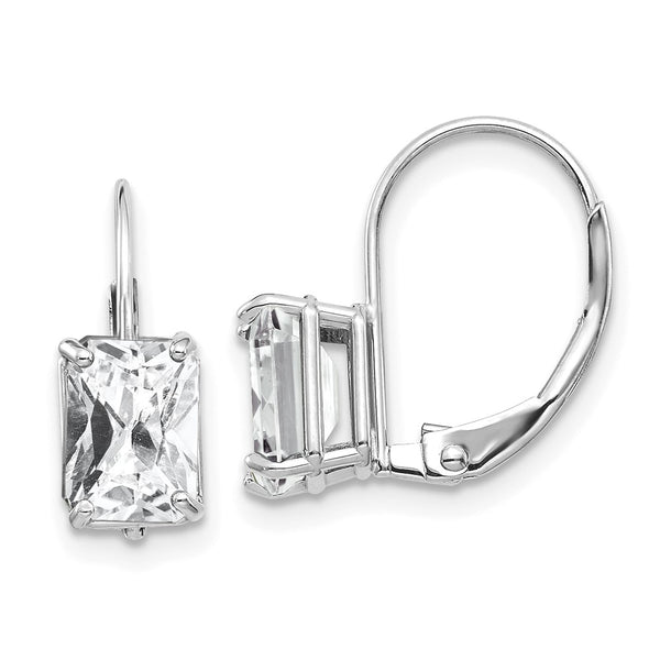 14K White Gold Emerald Cut Earrings - 7x5mm