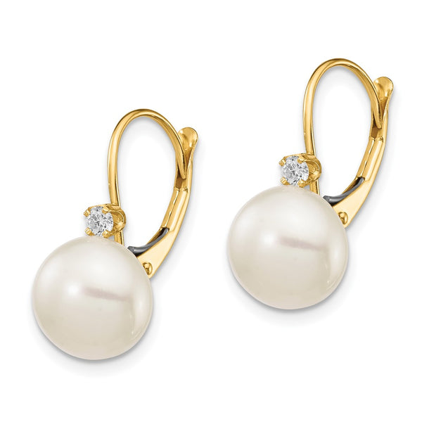 14K White Gold Leverback Earrings with 10-11mm Pearls & Diamonds