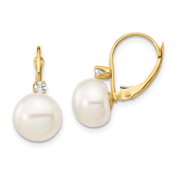14K White Gold Leverback Earrings with 10-11mm Pearls & Diamonds