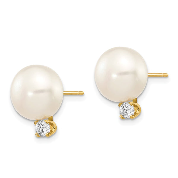 14K White Gold Freshwater Pearl Earrings - 10-11mm, 0.2ct Diamonds