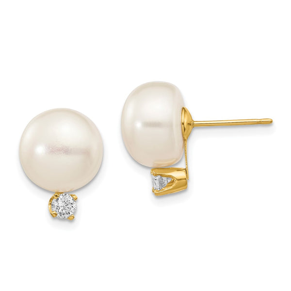 14K White Gold Freshwater Pearl Earrings - 10-11mm, 0.2ct Diamonds
