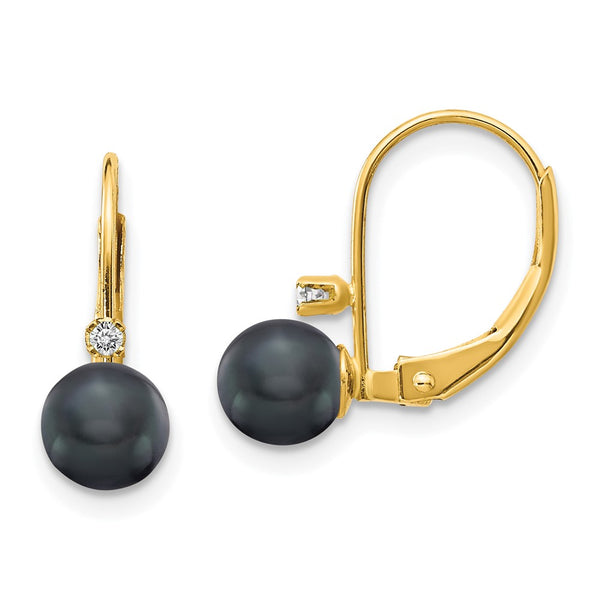 14K Gold Black Freshwater Pearl Earrings with Diamonds - 5-6mm