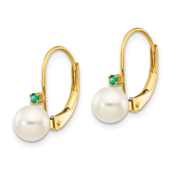 14K White Gold Leverback Earrings with 5.5mm Pearls & Emeralds