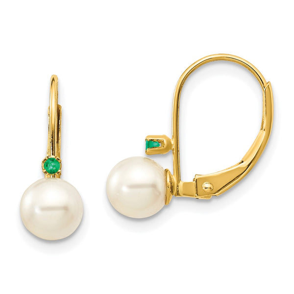 14K White Gold Leverback Earrings with 5.5mm Pearls & Emeralds
