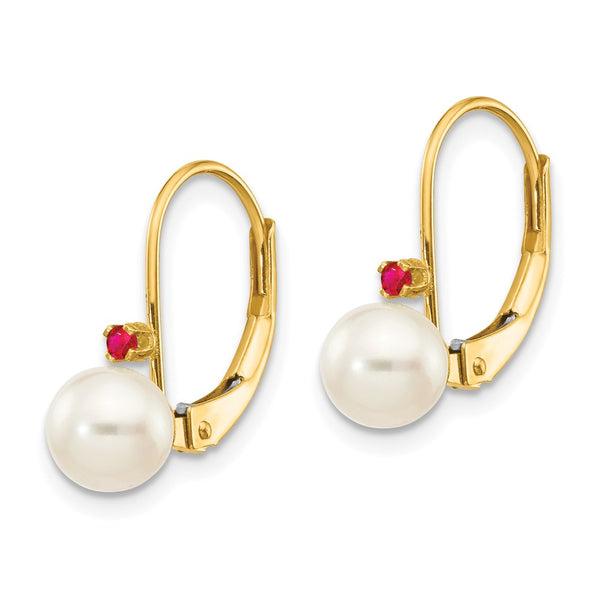 14K White Gold Leverback Earrings with Pearls & Ruby Accents
