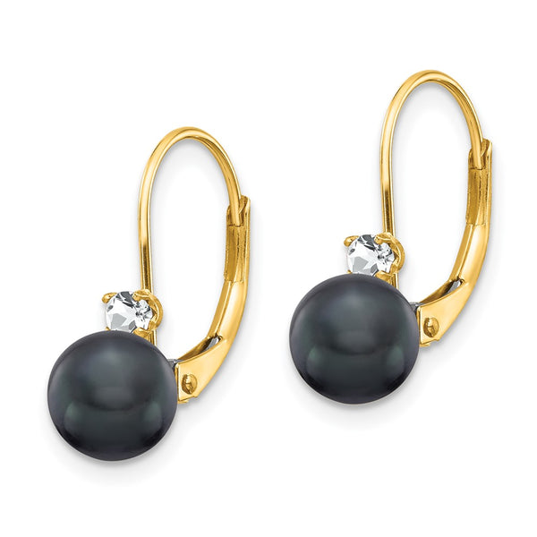 14K Gold Black Freshwater Pearl Earrings with Diamonds, 6-7mm