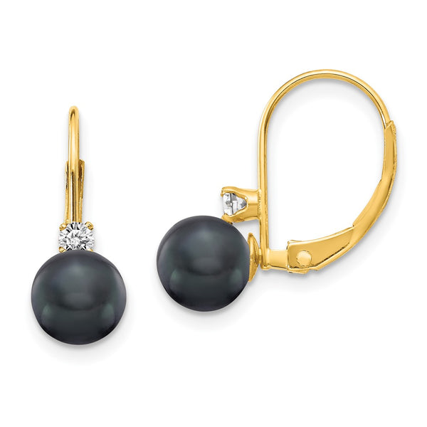 14K Gold Black Freshwater Pearl Earrings with Diamonds, 6-7mm