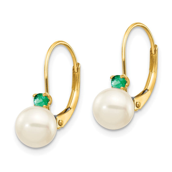 14K White Gold Leverback Earrings with 6-6.5mm Pearls & Emeralds
