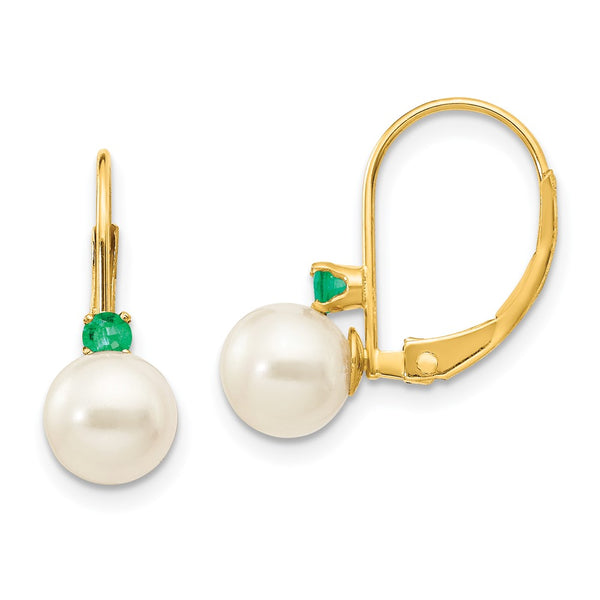 14K White Gold Leverback Earrings with 6-6.5mm Pearls & Emeralds