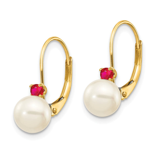 14K White Gold Pearl & Ruby Leverback Earrings - 6-6.5mm