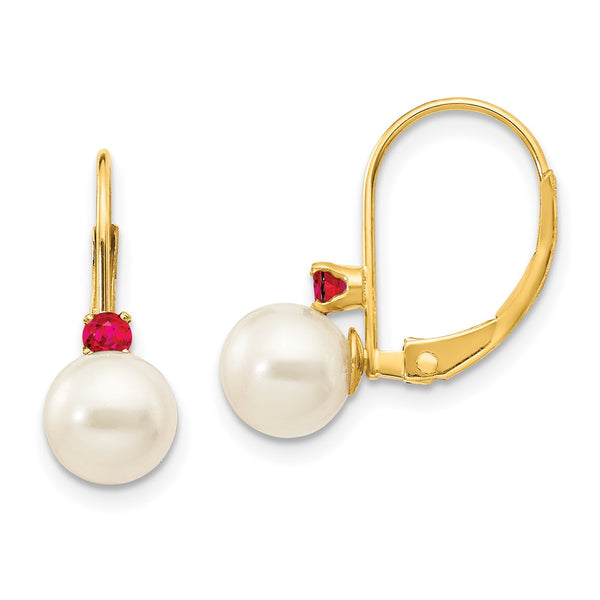 14K White Gold Pearl & Ruby Leverback Earrings - 6-6.5mm