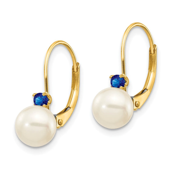 14K White Gold Leverback Earrings with 6.5mm Pearls & Sapphires
