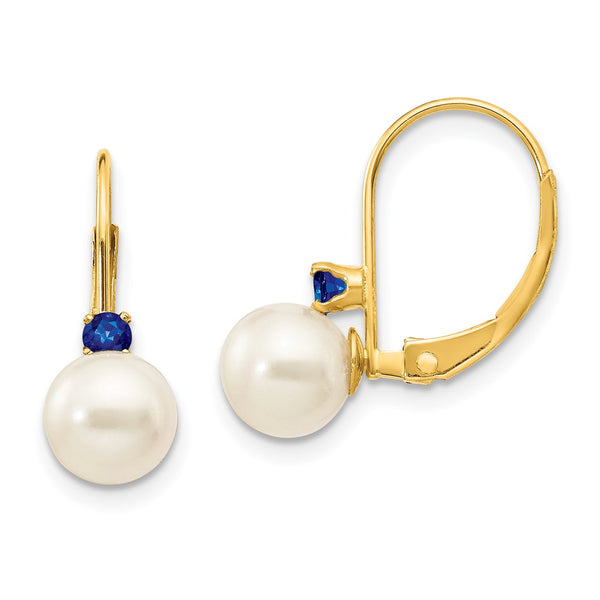 14K White Gold Leverback Earrings with 6.5mm Pearls & Sapphires