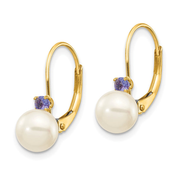 14K White Gold Leverback Earrings with 6mm Pearls & Tanzanite