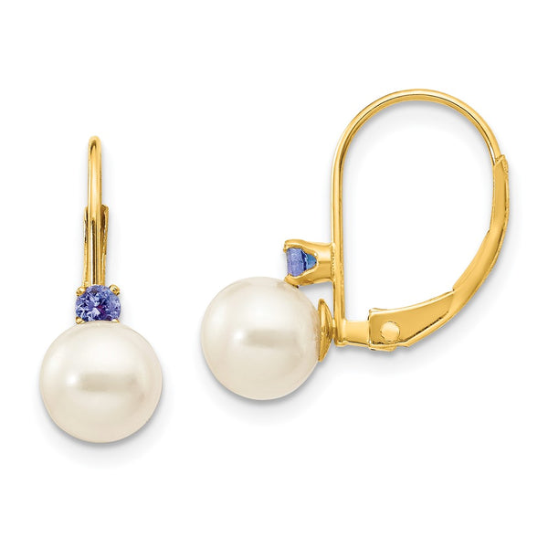 14K White Gold Leverback Earrings with 6mm Pearls & Tanzanite
