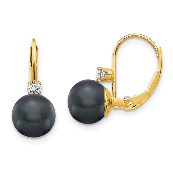 14K Gold Black Freshwater Pearl 7-8mm Diamond Earrings