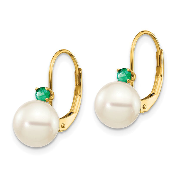 14K White Gold Leverback Earrings with 7-7.5mm Pearls & Emeralds
