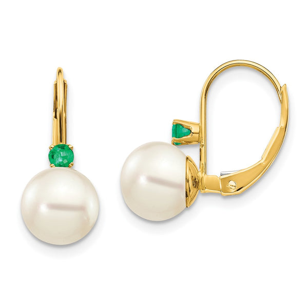 14K White Gold Leverback Earrings with 7-7.5mm Pearls & Emeralds
