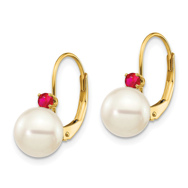 14K White Gold Earrings with 7.5mm Pearls & Ruby Accents