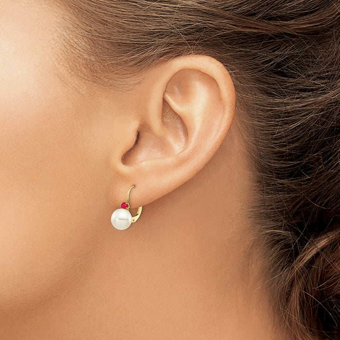 Shop High-Quality 14K White Gold Earrings with 7.5mm Pearls & Ruby Accents-3