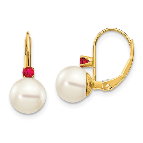 14K White Gold Earrings with 7.5mm Pearls & Ruby Accents