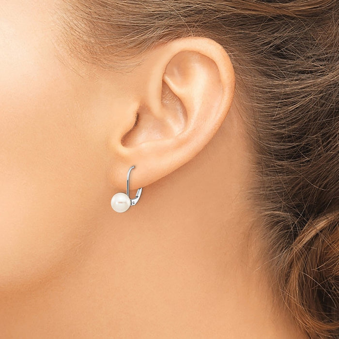 Exclusive 14K White Gold Leverback Earrings with 7-8mm Pearls - Luxury Style!-3