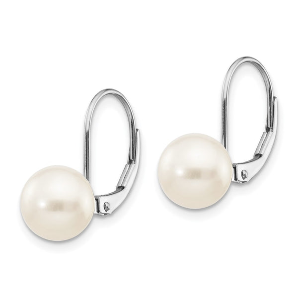 14K White Gold Leverback Earrings with 8-9mm Pearls