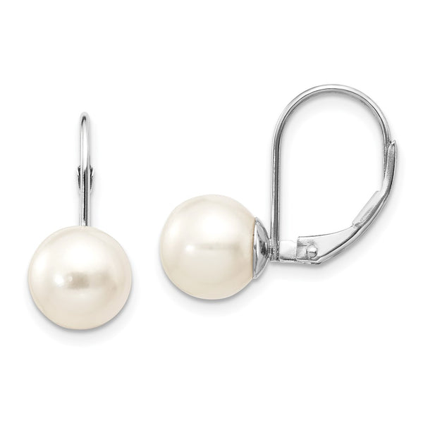14K White Gold Leverback Earrings with 8-9mm Pearls
