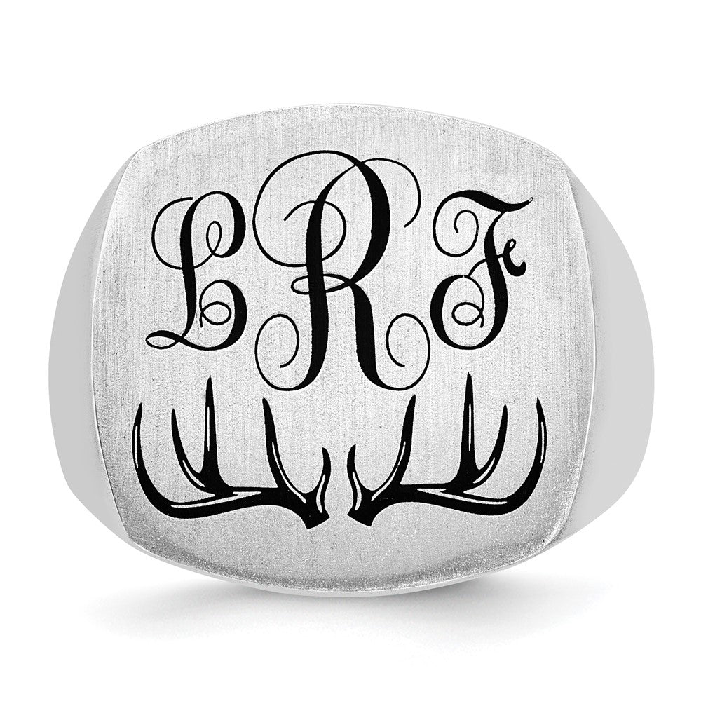 Exclusive Rhodium-Plated Sterling Silver Antler Monogram Cushion Ring - Stylish Design