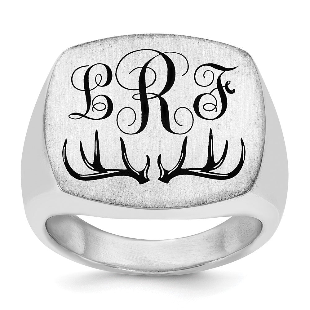 Exclusive Rhodium-Plated Sterling Silver Antler Monogram Cushion Ring - Stylish Design