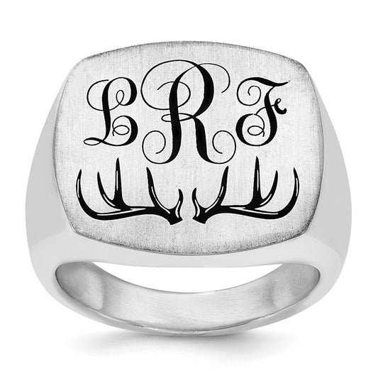 Exclusive Rhodium-Plated Sterling Silver Antler Monogram Cushion Ring - Stylish Design