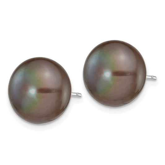 Buy Stylish 14K White Gold Black Button Pearl Stud Earrings - 11-12mm