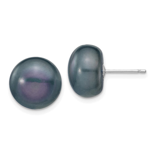 Buy Stylish 14K White Gold Black Button Pearl Stud Earrings - 11-12mm