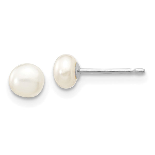 14K White Gold Pearl Button Stud Earrings - 4-5mm