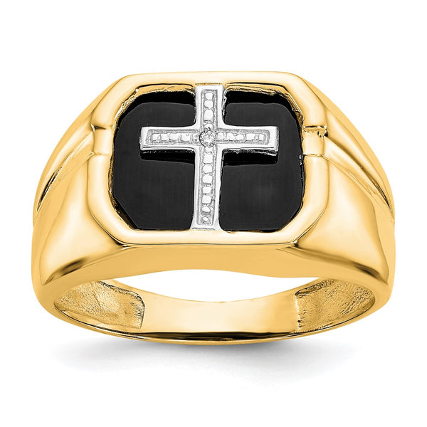 14K Gold Men's Cross Ring with AA Diamonds