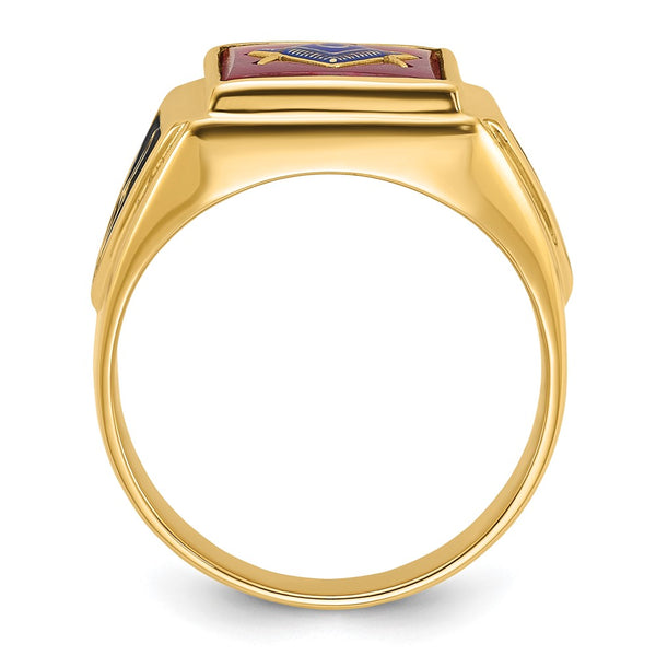 14K Men's Masonic Ring - Polished, Textured, Ruby Accent