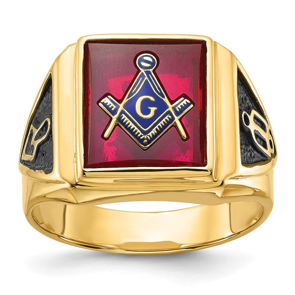 14K Men's Masonic Ring - Polished, Textured, Ruby Accent